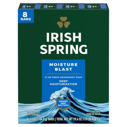 Irish Spring Moisture Blast Deodorant Bar Soap for Men, 3.7 oz, 8 Pack