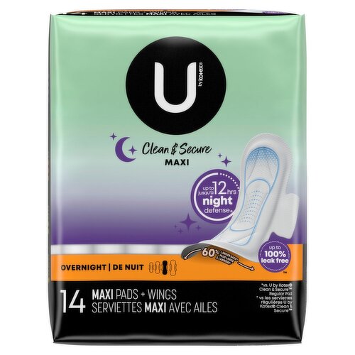 U by Kotex Clean & Secure Maxi Overnight Maxi Pads + Wings, 14 count