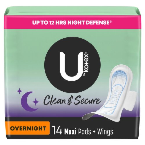 U by Kotex Clean & Secure Maxi Overnight Maxi Pads + Wings, 14 count