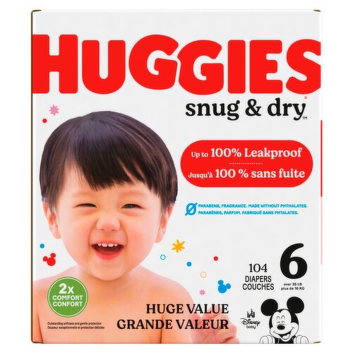 Huggies Snug & Dry Diapers Huge Value, Size 6, Over 35 lb, 104 count