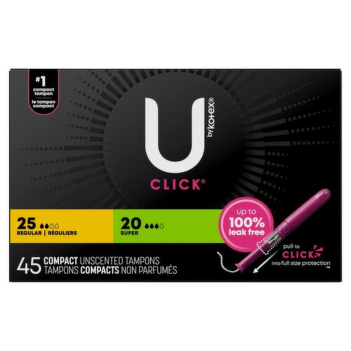 U by Kotex Click Regular and Super Compact Unscented Tampons, 45 count