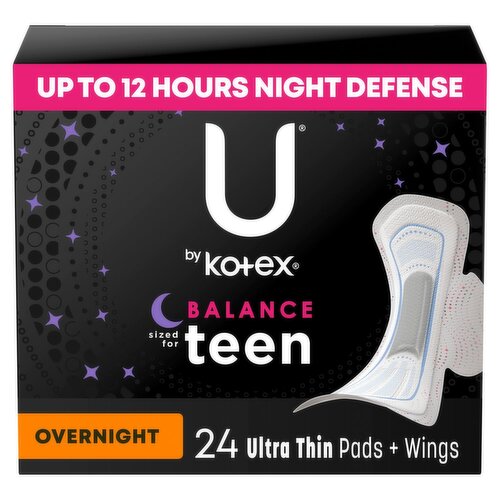 U by Kotex Balance Sized for Teen Overnight Ultra Thin Pads + Wings, 24 count