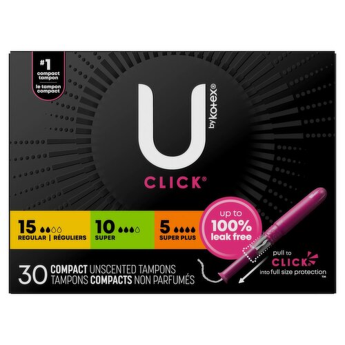 U by Kotex Regular, Super and Super Plus Click Compact Unscented Tampons, 30 count