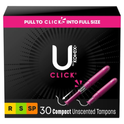 U by Kotex Regular, Super and Super Plus Click Compact Unscented Tampons, 30 count