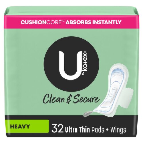 U by Kotex Clean & Secure Heavy Ultra Thin Pads + Wings, 32 count