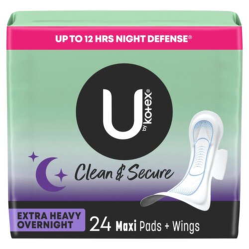 U by Kotex Clean & Secure Extra Heavy Overnight Maxi Pads + Wings, 24 count