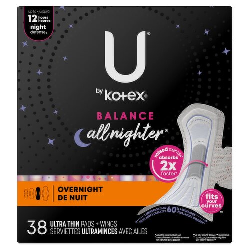 U by Kotex Balance Overnight Ultra Thin Pads + Wings, 38 count