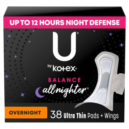 U by Kotex Balance Overnight Ultra Thin Pads + Wings, 38 count