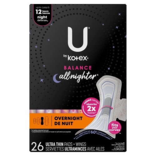 U by Kotex Balance Overnight Ultra Thin Pads + Wings, 26 count