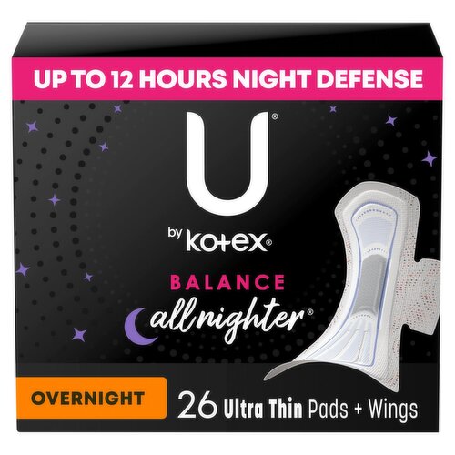 U by Kotex Balance Overnight Ultra Thin Pads + Wings, 26 count