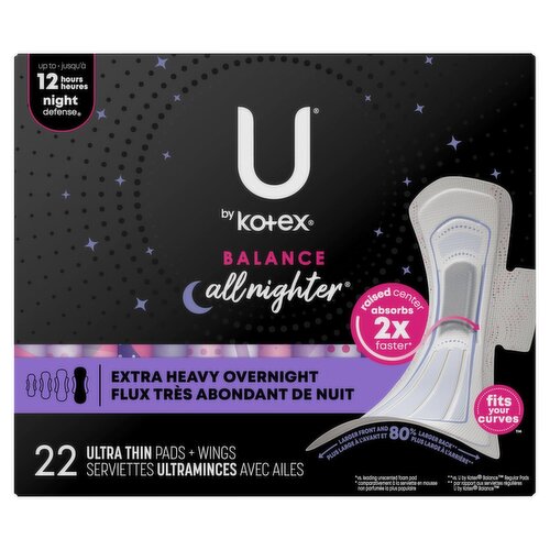 U by Kotex Balance Extra Heavy Overnight Ultra Thin Pads + Wings, 22 count