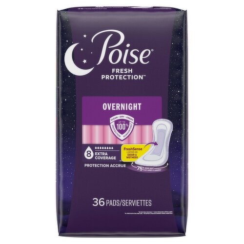 Poise Fresh Protection Overnight Extra Coverage Pads, 36 count