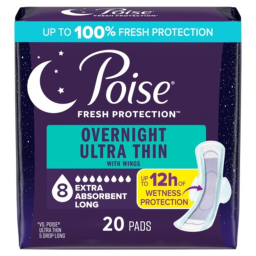 Poise Fresh Protection Overnight Ultra Thin with Wings Pads, 20 count