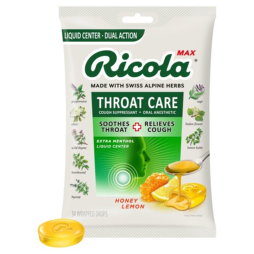 Ricola Max Throat Care Honey Lemon Drops, 34 count