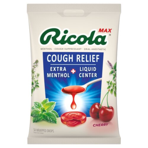Ricola Max Cough Relief Cherry Wrapped Drops, 34 Count
