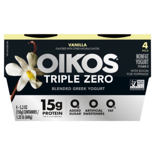 Dannon Oikos Triple Zero Vanilla Nonfat Yogurt, 5.3 oz, 4 count