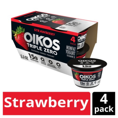 Oikos Triple Zero Strawberry Flavored Blended Greek Nonfat Yogurt, 5.3 oz, 4 count