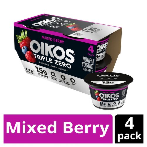 Oikos Triple Zero Mixed Berry Flavored Blended Greek Nonfat Yogurt, 5.3 oz, 4 count