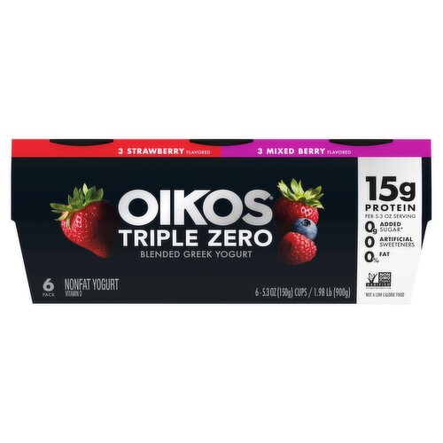 Oikos Triple Zero Strawberry and Mixed Berry Blended Greek Nonfat Yogurt Value Pack, 5.3 oz, 6 count