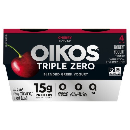 Oikos Triple Zero Cherry Flavored Blended Greek Nonfat Yogurt, 5.3 oz, 4 count