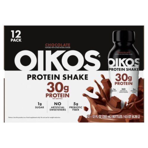Oikos Protein Shake, Chocolate, 30g High Protein Drinks, 12 fl oz Bottle, 12 Count