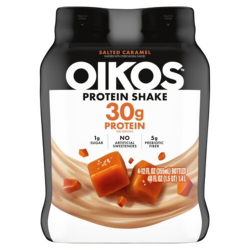 Oikos Protein Shake, Salted Caramel, 30g Protein, Shelf Stable, 12 Fl Oz Bottle, 4 Count