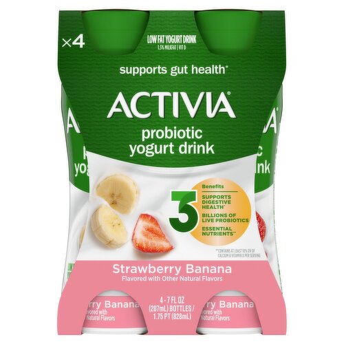 Activia Strawberry Banana Probiotic Low Fat Yogurt Drink, 7 fl oz, 4 count