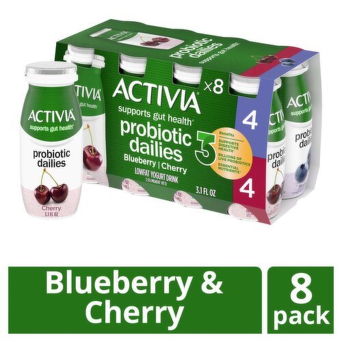 Activia Probiotic Dailies Blueberry & Cherry Low Fat Yogurt Drink, 3.1 fl oz, 8 count