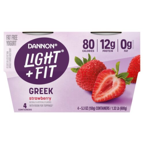 Dannon Light + Fit Greek Strawberry Fat Free Yogurt, 5.3 oz, 4 count