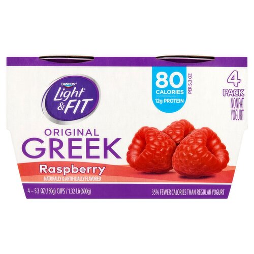 Dannon Light + Fit Greek Raspberry Fat Free Yogurt, 5.3 oz, 4 count