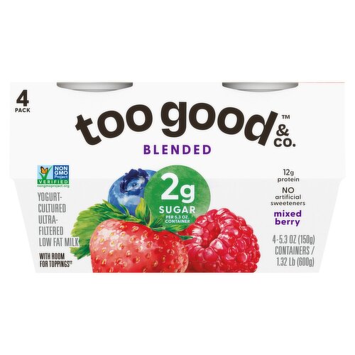 Too Good & Co. Mixed Berry Blended Yogurt-Cultured Ultra-Filtered Low Fat Milk, 5.3 oz, 4 count