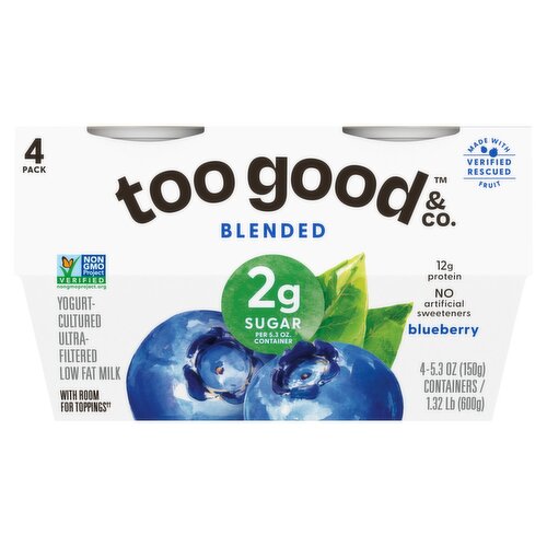 Too Good & Co. Blueberry Blended Yogurt-Cultured Ultra-Filtered Low Fat Milk, 5.3 oz, 4 count