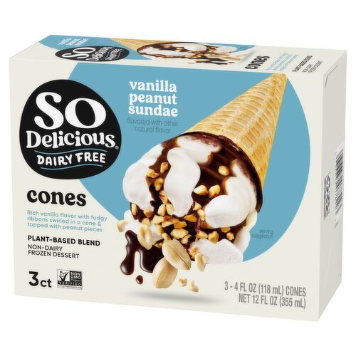 So Delicious Dairy Free Vanilla Peanut Sundae Non-Dairy Frozen Dessert Cones, 4 fl oz, 3 count