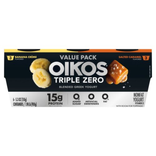 Oikos Triple Zero Banana Crème + Salted Caramel Flavored Nonfat Greek Yogurt, 5.3 oz, 6 Count