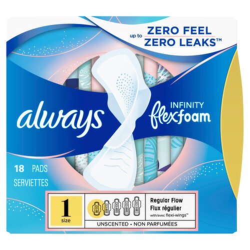 always Infinity Flex Foam Regular Flow Unscented Pads, Size 1, 18 count 