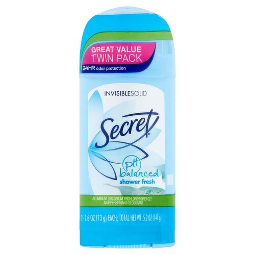 Secret Invisible Solid Shower Fresh Antiperspirant/Deodorant Great Value Twin Pack, 2.6 oz, 2 count