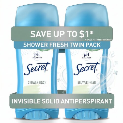 Secret Invisible Solid Antiperspirant and Deodorant, Shower Fresh, Twin Pack, 2.6 oz each
