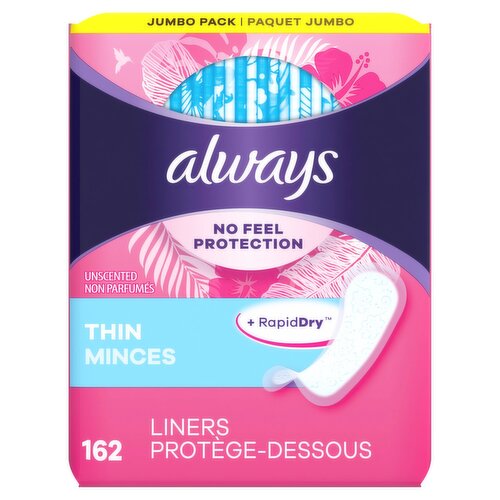 Always Unscented Thin Liners Jumbo Pack, 162 count