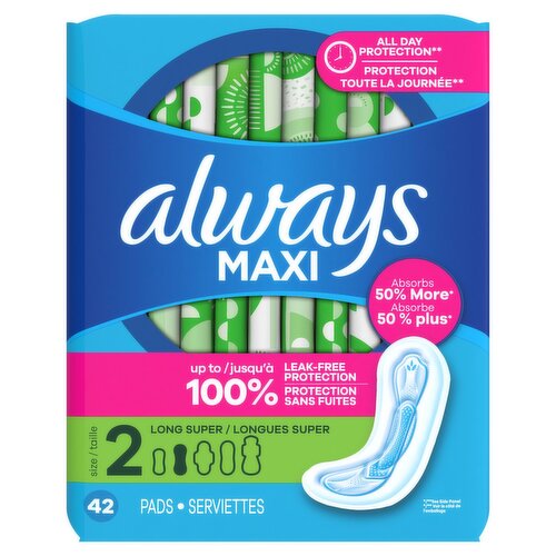 Always Maxi Pads for Women, Pad without Wings, Long Super Absorbency, Size 2, Unscented, 42 Count
