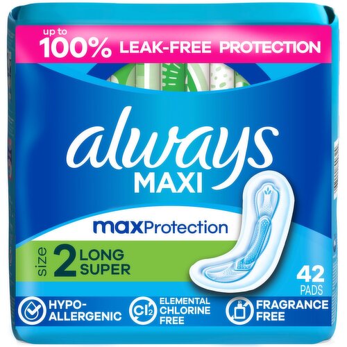 Always Maxi Pads for Women, Pad without Wings, Long Super Absorbency, Size 2, Unscented, 42 Count
