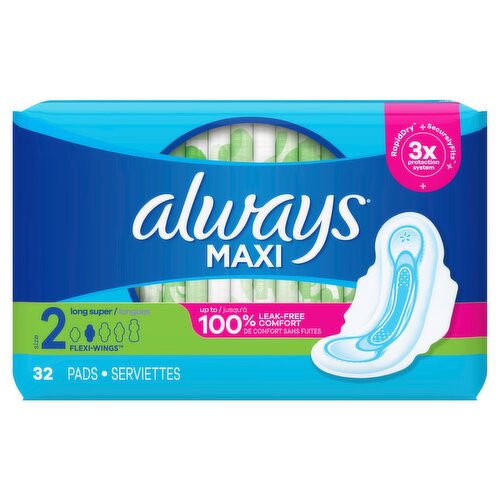 Always Maxi Feminine Pads with Wings for Women, Size 2, Long Super Absorbency, Unscented 32 Count