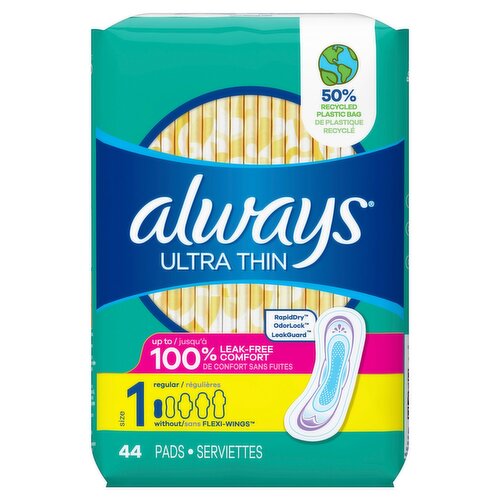 Always Ultra Thin Feminine Pads without Wings for Women, Size 1, Regular Absorbency, Unscented, 44 
