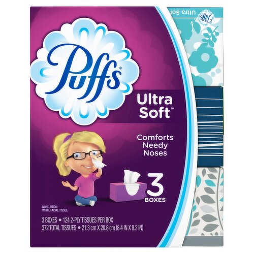 Puffs Facial Tissues Ultra Soft, 3 Rectangle Boxes, 124 Tissues Per Box