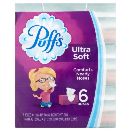 Puffs Facial Tissues Ultra Soft, 6 Rectangle Boxes, 124 Tissues Per Box