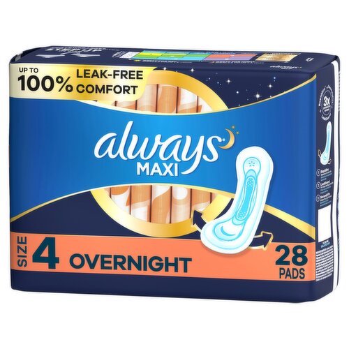 Always Maxi Pads Size 4 Overnight Absorbency Unscented with Wings, 28 Count