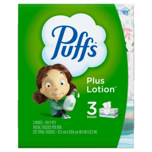 Puffs Plus Lotion White Facial Tissue, 124 count, 3 pack