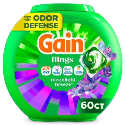 Gain Flings Liquid Washing Detergent pacs, Moonlight Breeze Scent, 60CT