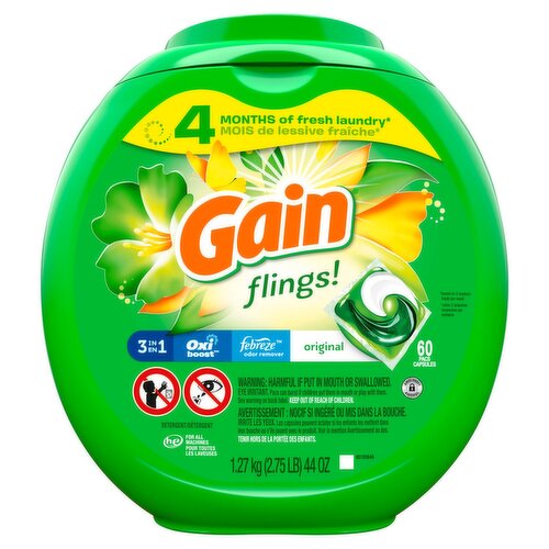 Gain Flings Original 3 in 1 Detergent, 60 count, 44 oz