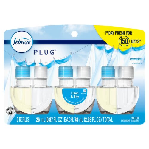 Febreze Plug Linen & Sky Scented Oil Refill, 0.87 fl oz, 3 count