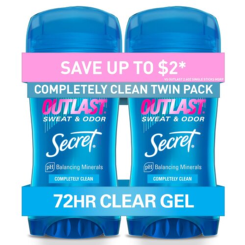 Secret Outlast Clear Gel Antiperspirant Deodorant for Women, Completely Clean, Twin of 2.6 oz
